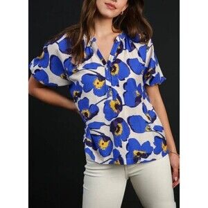 Umgee Women’s Blouse Size Large Floral Print Boxy Cut Top in Blue Mix Preppy